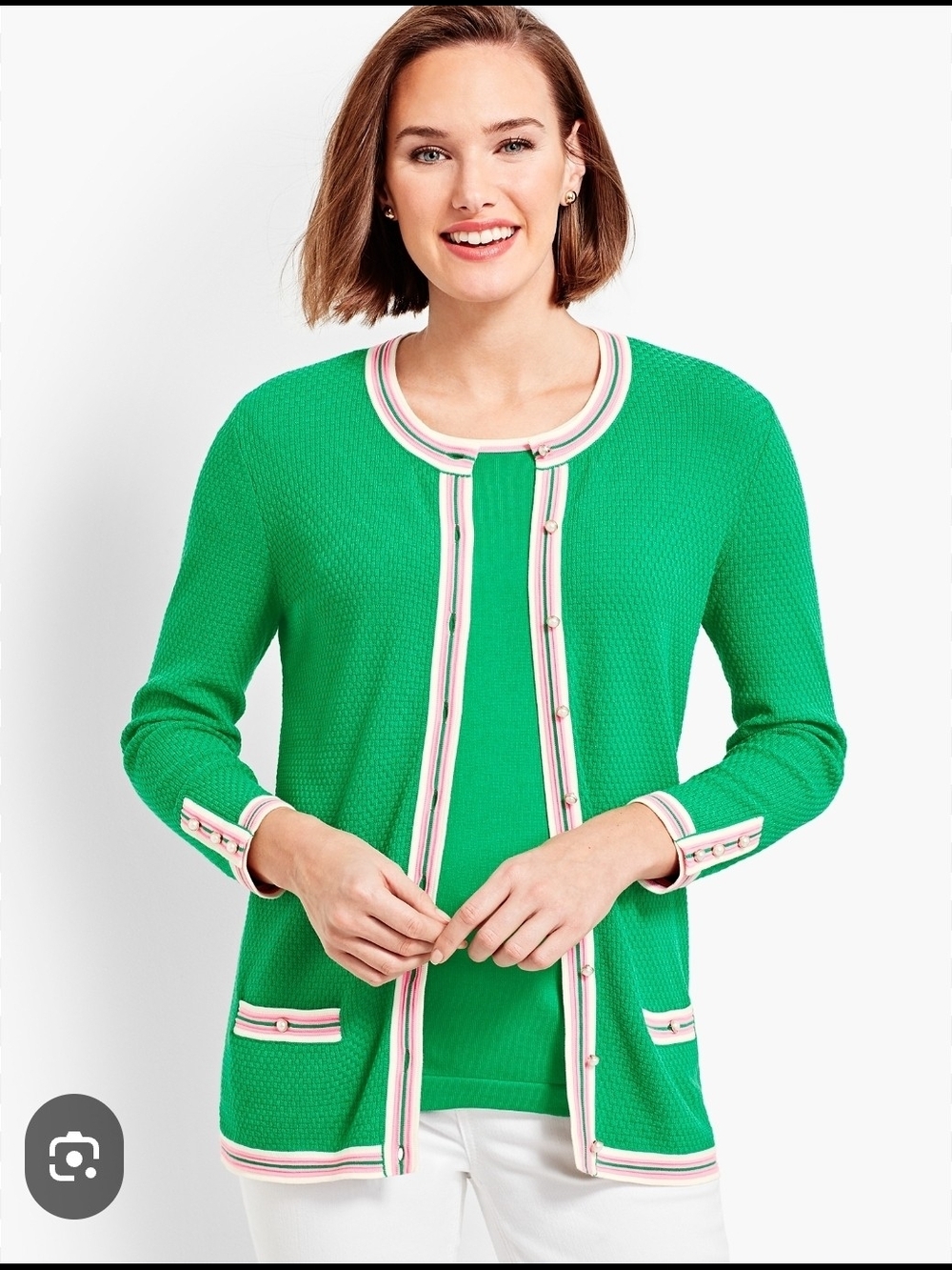 Talbots Green Cardigan with Pink and White Trim Pearl Buttons
